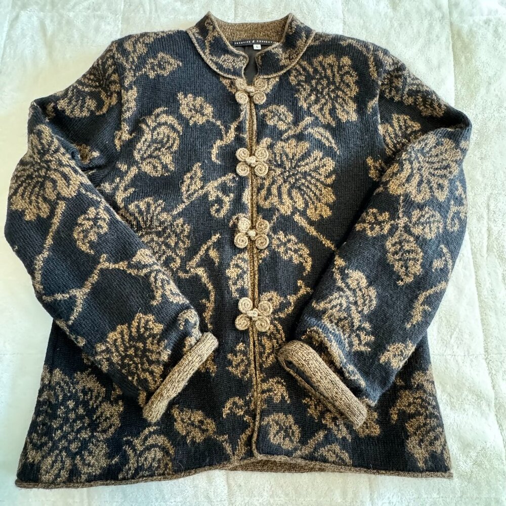 Peruvian Connection Cardigan Sweater Jacket Alpaca L Asian Floral Black Brown